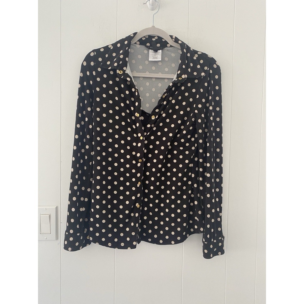 BCBGmaxzria Women's Small Long Sleeve Snap Front Black Polka Dot Blouse Soft